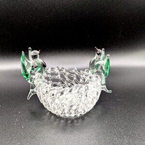 Vtg Hand Blown Stretched Spun Glass 2 Green Nesting Birds Miniature Figurine VGC